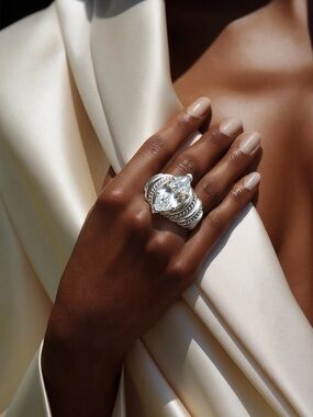 Marquise-Cut Clear Crystal Statement Ring in  silver with goldtone trim